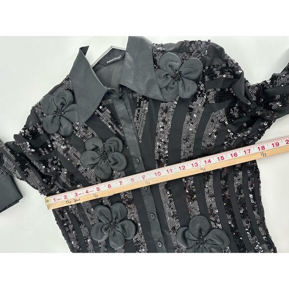 Samuel Dong Blouse Set Womens Small Black Sequins Floral Sheer 2 Piece Buttons - Picture 9 of 16